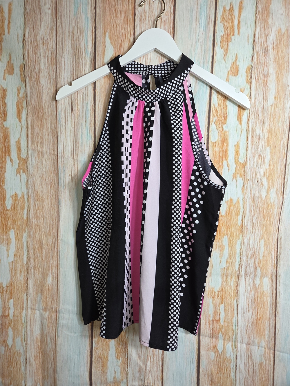 Gomorn Sleeveless Halter Stripe & Dot Tank Top - Pink/Black. Size Large